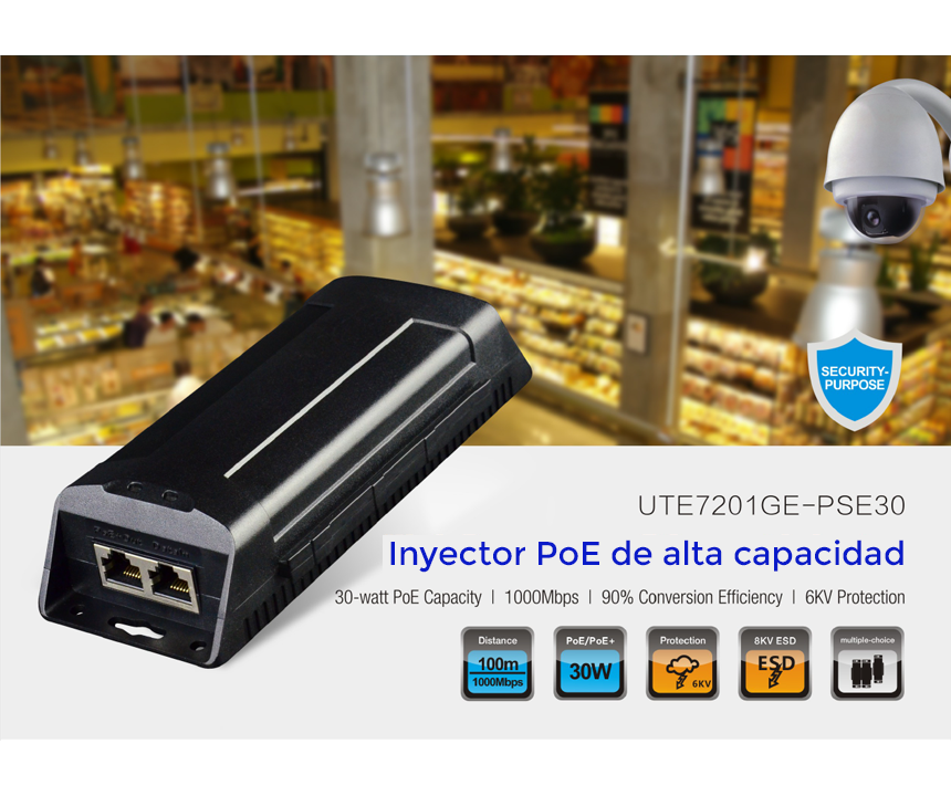 UTEPO UTP7201GEPSE30 - Inyector PoE Plus, 30W, AF/AT, Gigabit Ethernet - Imagen 4