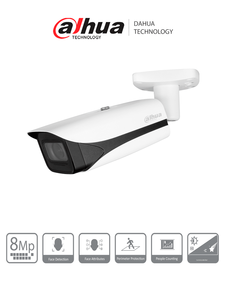 DAHUA DH-IPC-HFW5842E-ZE - Camara IP Bala 4k/ WizMind/ Lente Mot. de 2.7 a 12/ IR de 60 Metros/ SMD 3.0/ Metadatos/ WDR/ Ranura para Micro SD/ ePoE/ IP67 /IK10 /SMD 3./ E&A de Alarma y Audio/ Conteo de Personas/ Detección facial.