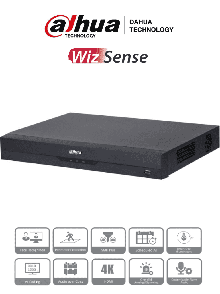 DAHUA XVR5216AN-4KL-I3 - DVR de 16 Canales 4k/ WizSense/ IA/ H.265+/ 2 Bahías de Disco Duro/ 16 Ch HDCVI + 16 IP (Hasta 32 IP)/ 2 Canales de Reconocimiento Facial/ SMD Plus/ Codificación IA/ Funciones IoT&POS/ Audio Bidireccional