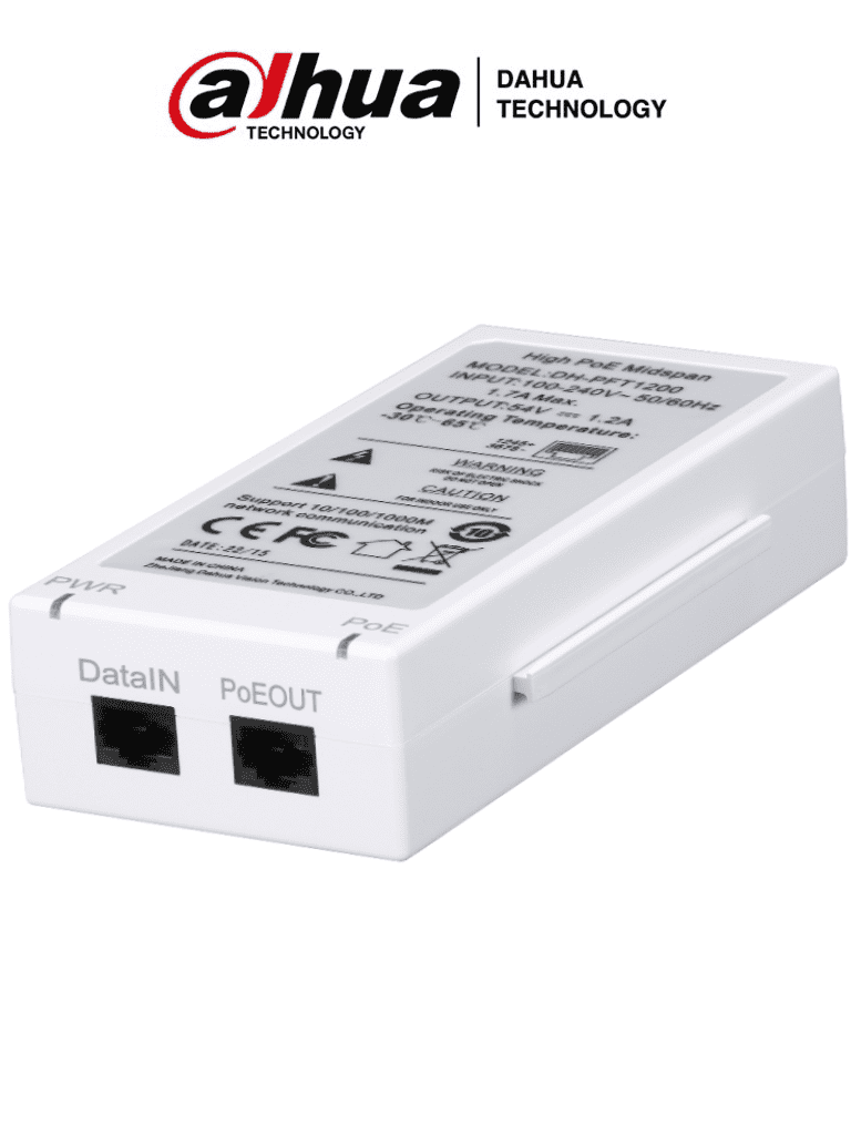 DAHUA PFT1200 - Inyector Hi-Poe Midspan Gigabit/ Soporta PoE/PoE+/ Soporta Hi-PoE 60 Watts para PTZ/ Indicadores Led de Status/ Funciona con Extensor: PFT1300 para conexión en Cascada/ Instalación en Pared/