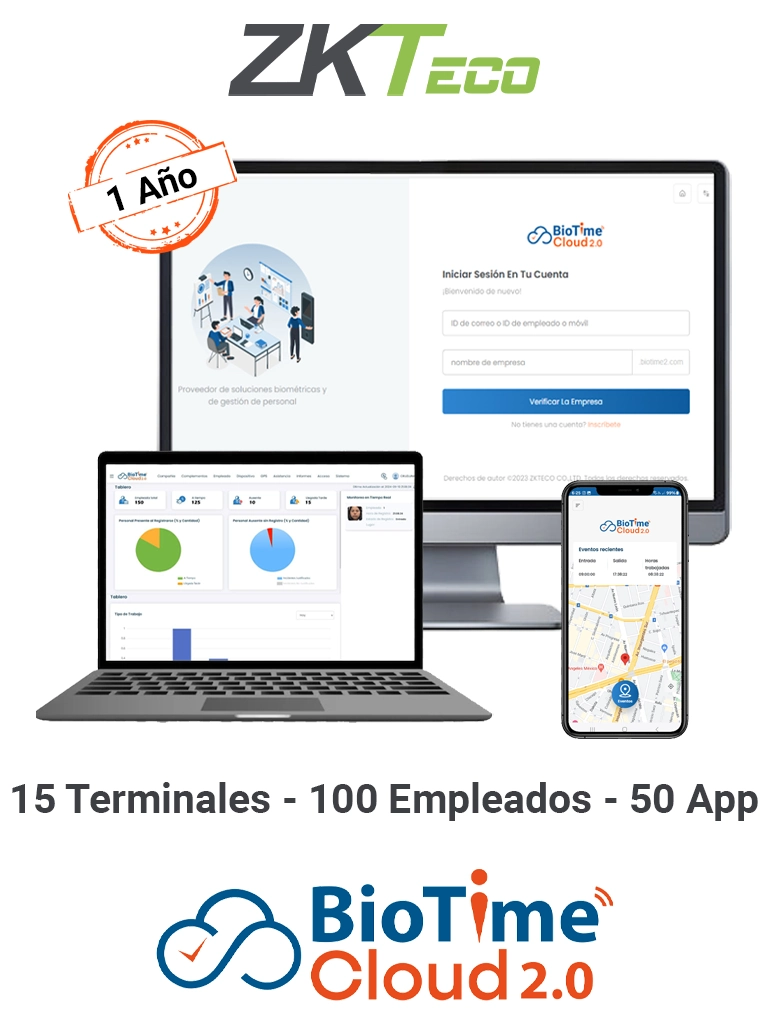 ZKTECO BIOTIMECLOUDPROFESSIONAL - Licencia de Asistencia en la Nube para 100 Empleados, 15 Terminales, 150,000 Eventos y 50 Cuentas de App, Suscripción por un Año #BC2
