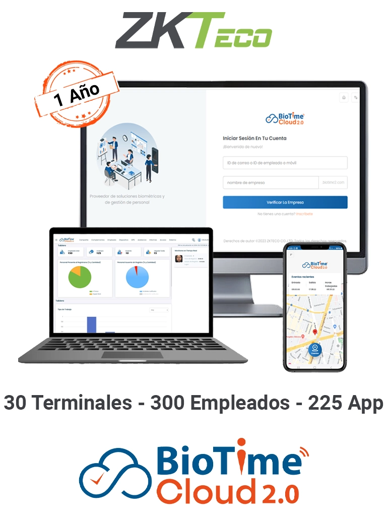 ZKTECO BIOTIMECLOUDENTERPRISE - Licencia de Asistencia en la Nube para 300 Empleados, 30 Terminales, 450,000 Eventos y 225 Cuentas de App, Suscripción por un Año #BC2