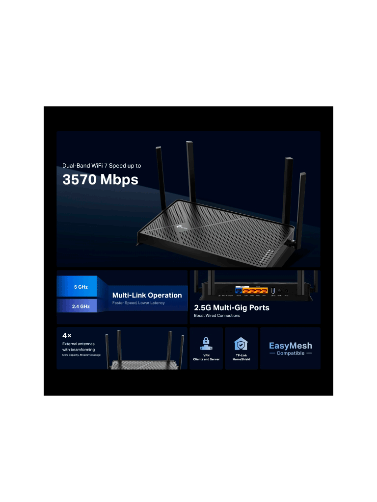 Archer BE230 Router Wi-Fi 7 BE3600 con Puertos Multi-Gigabit, WiFi 7 de Doble Banda a 3.6 Gbps, Compatible con EasyMesh, 2× Puertos de 2.5G. - Imagen 3