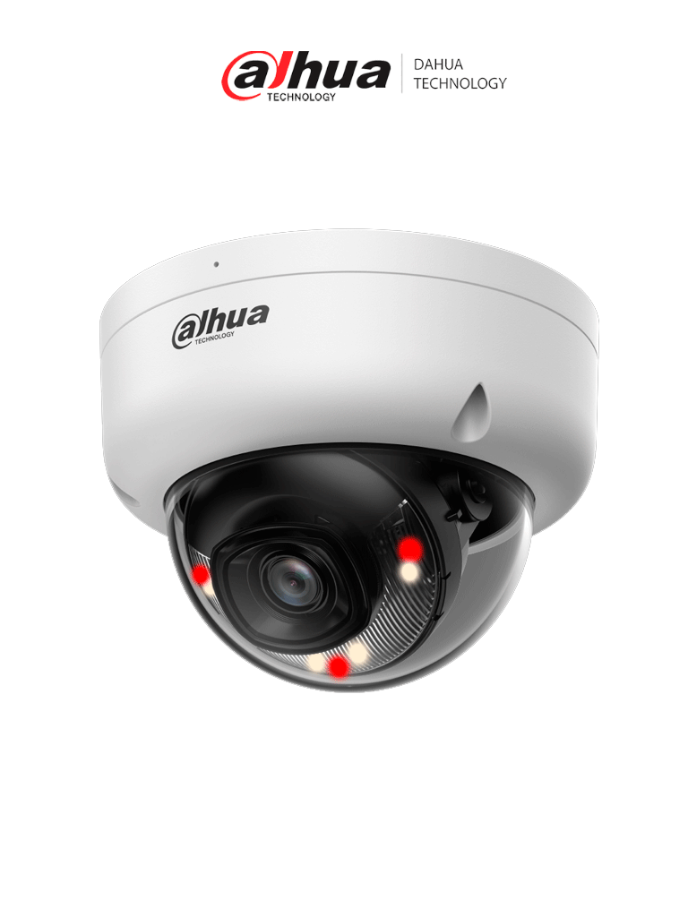 DAHUA DH-IPC-HDBW1439E1-A-IL - Cámara IP Domo de 4 Megapixeles/ Iluminador Dual/ Lente de 2.8mm/ IR de 30 Mts/ Detección humana/ IR + luz cálida 30 m/ H.265/ WDR Real/PoE/ 3D DNR/ HLC/ IP67/ IK08